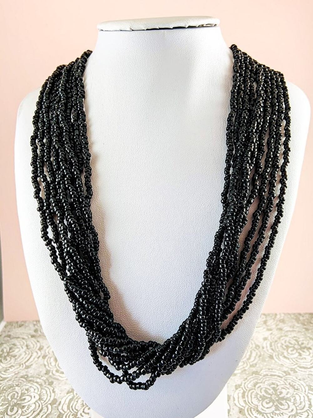 Trifari Black Bead Necklace - Vintage 1970s - 10 Strands of Tiny Glass Beads